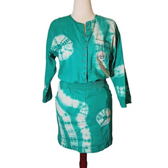VTG Bridge Sportswear Co. Cotton Teal/White Tie-Dye Smocked Waist Dress Size L - Picture 1 of 13